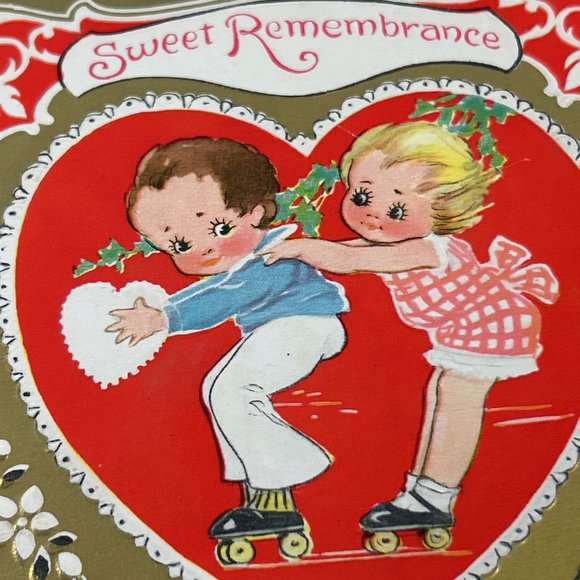 Vintage Valentines Greeting Card Embossed Roller Skates Heart Boy Girl Ephemera - Picture 8 of 11